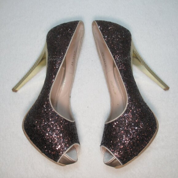 Baldan Venezia Brown Glitter Peep-Toe Heels | Size 37 (fits like US 6.5) - Picture 4 of 11